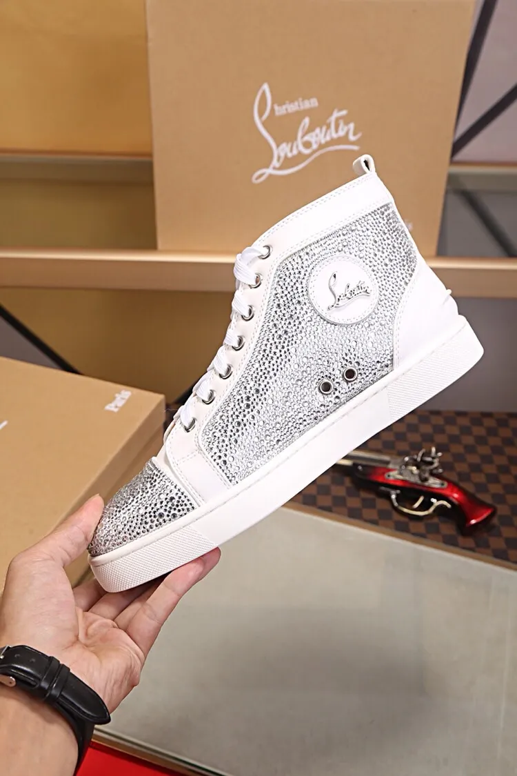 Ex-factory price 480. christian louboutin (CL red sole shoes) counter hot diamond series, high-top casual sneakers for couples 📢 📢 📢 Exclusive hot style release 🎈🎈💪 Movable latex feet 👻 Finished outsole sewing line [satisfied] 😝Female 35-40# Male 38#-46, global supply😝 [Top version]: original imported cowhide upper, top original leather lining, original molded TPU outsole, original 1:1 detail processing, original shoe last, large quantity available from stock,